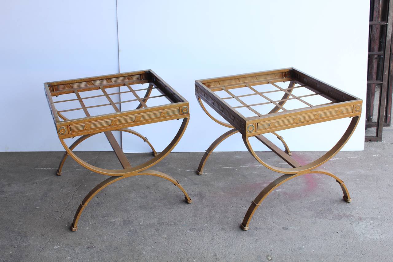 1930s hand glazed French metal side tables with glass tops. They could be used inside and outdoor.