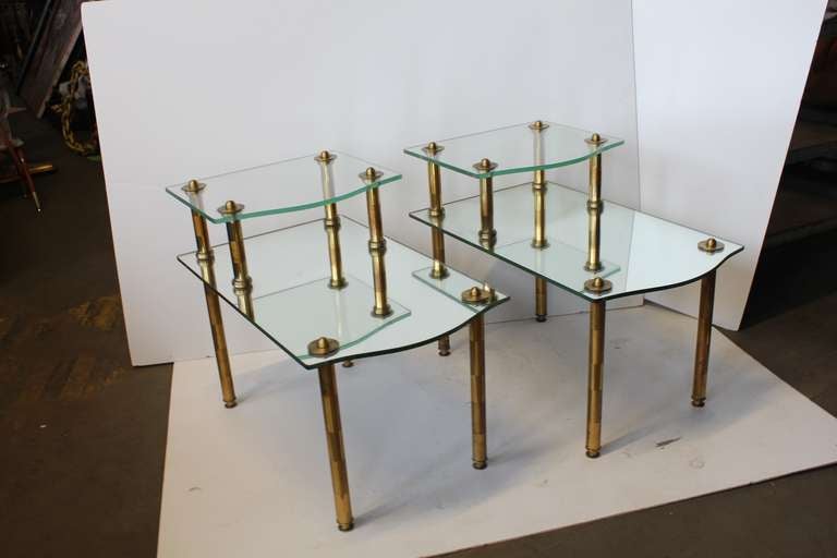Great pair of Mid Century solid brass base tables with mirrored tops.