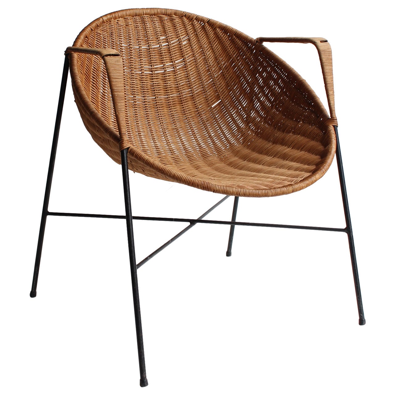 Mid-Century Wicker and Iron Armchair For Sale