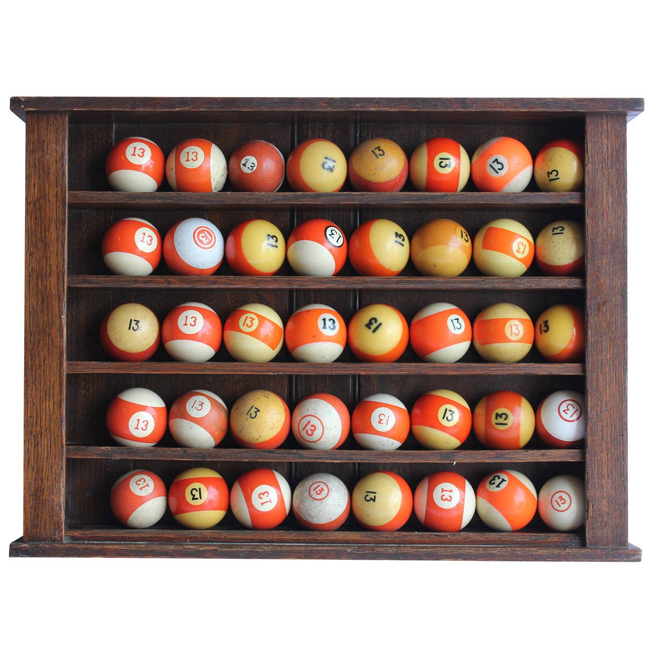 Collection of 40 Vintage "Lucky 13" Billiard Balls with Wood Rack at
