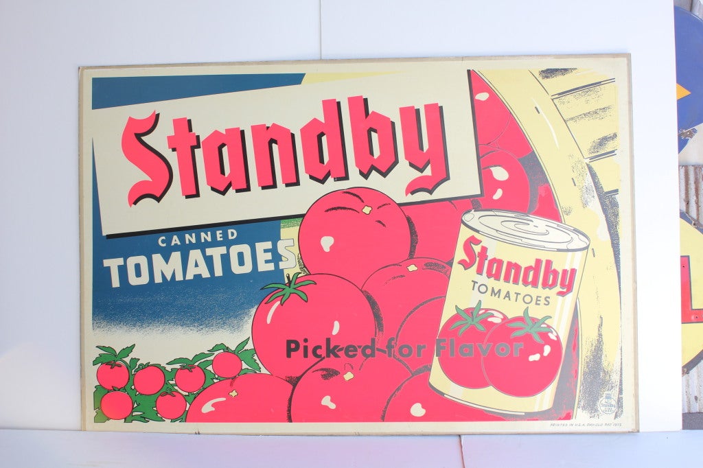 1950's over sized double sided advertising sign for Standby Fine Foods. One side: Snoboy Sunkist Lemons. Other side: Standby Canned Tomatoes.