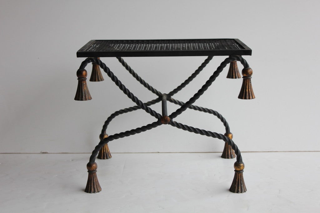1940's Italian decorative wrought iron bench with twisted rope and tassels decoration.
