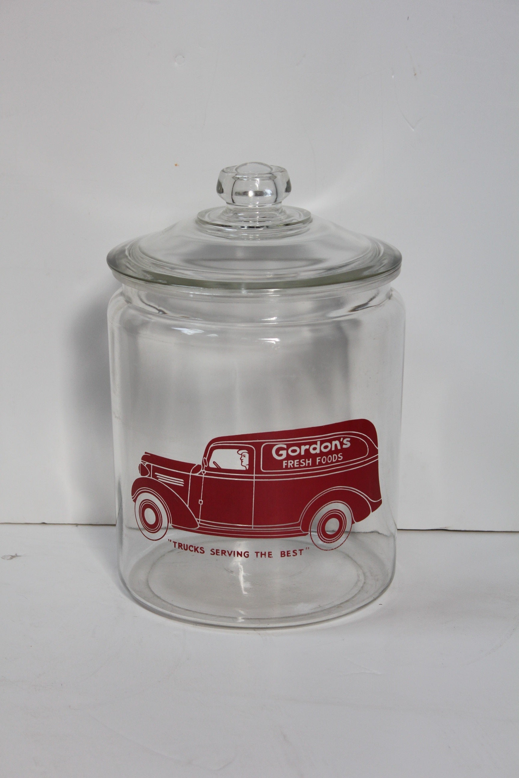 Art Deco Glass Cookie Jar With Advertising Sign