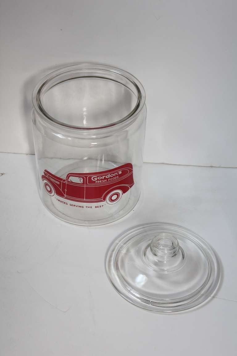American Art Deco Glass Cookie Jar With Advertising Sign