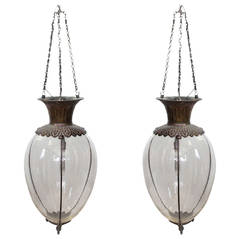 Pair of Antique Drugstore Glass and Bronze Show Globes Chandeliers