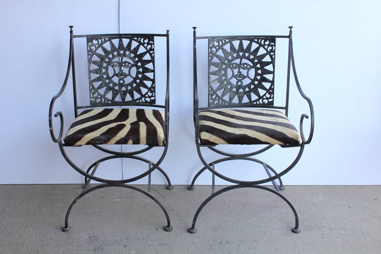Mid Century Wrought Iron and Cowhide Armchairs by Arthur Umanoff