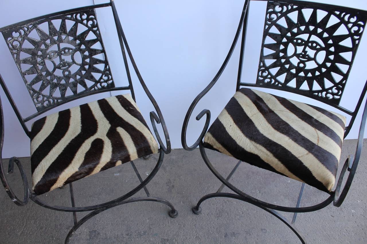 American Midcentury Wrought Iron and Cowhide Sunburst Armchairs by Arthur Umanoff