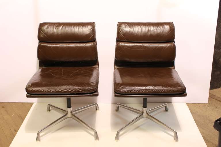 Soft pad leather original swivel chairs by Charles & Ray Eames for Herman Miller. Original leather. Aluminum base.