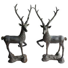 Large Antique Solid Brass Deer Figurines