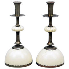 Pair of Stylish Italian Ostrich Egg and Metal Candlesticks