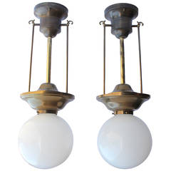Antique American Departmnet Store Brass and White Glass Globes Chandeliers