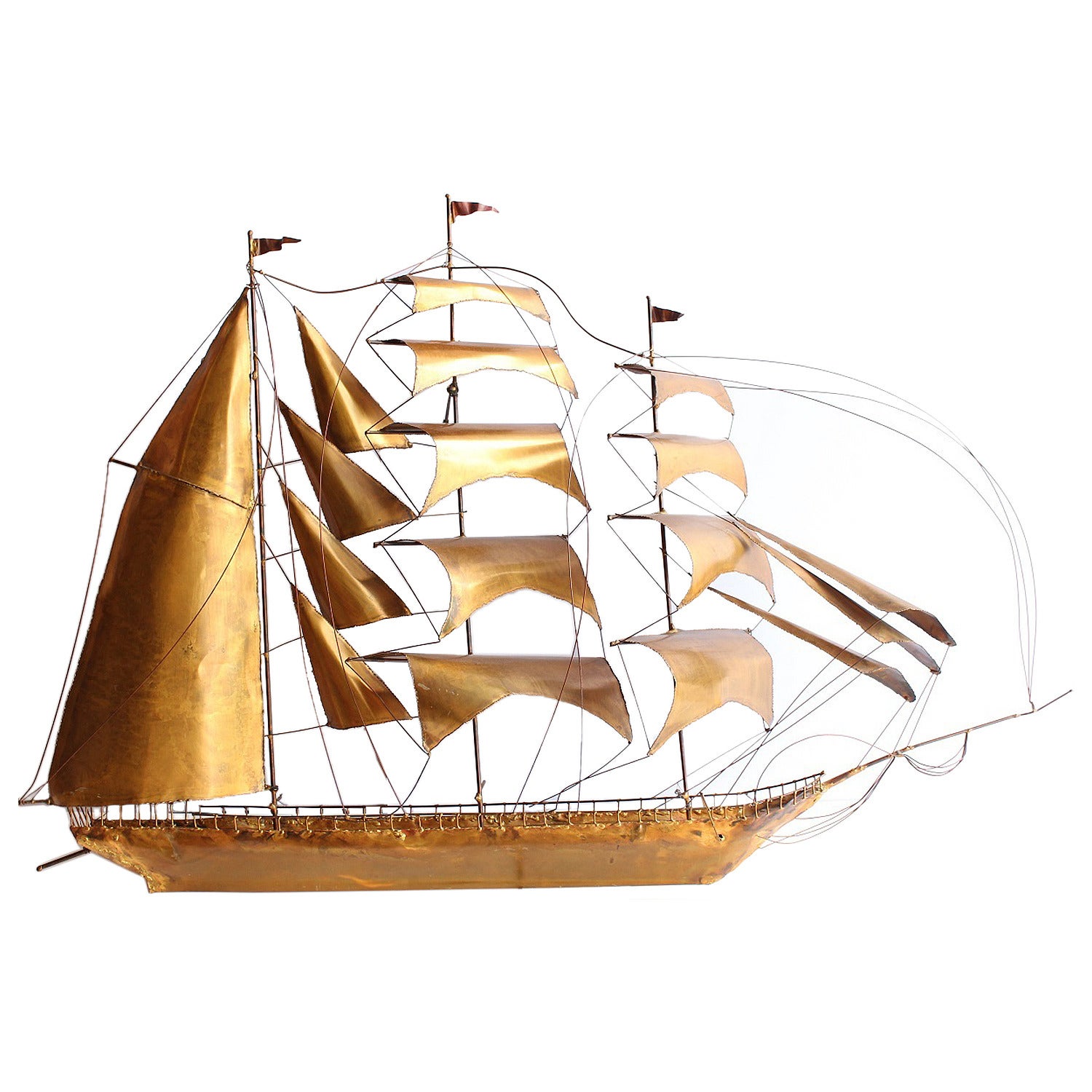 Large Midcentury Handmade Brass Ship or Yacht  Wall Sculpture For Sale