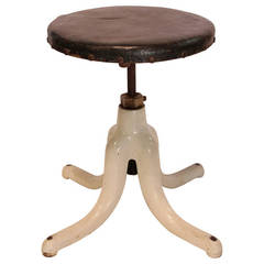 Antique Porcelain and Leather Adjustable Industrial Stool