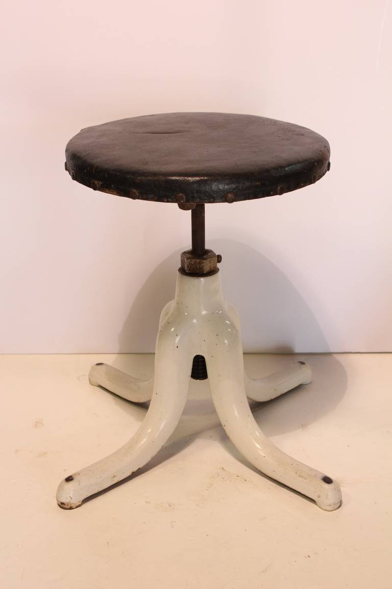 Antique Porcelain and Leather Adjustable Industrial Stool