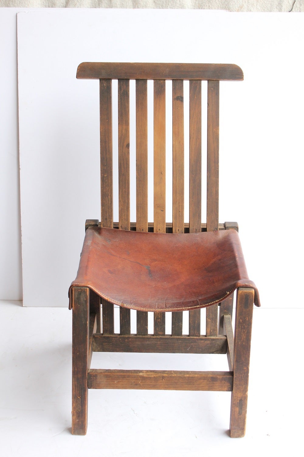 American Antique Leather and Oak Accent Chair For Sale