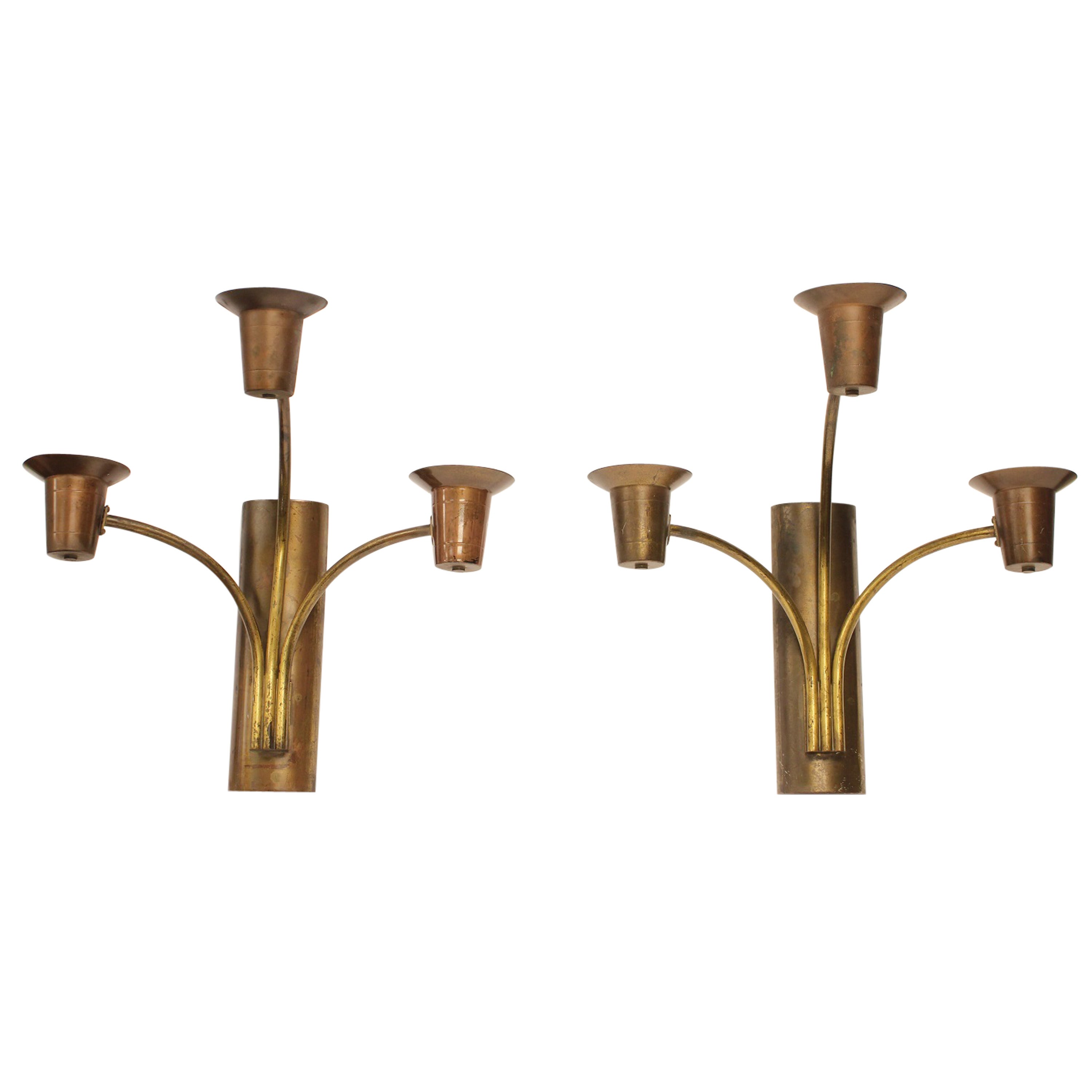 Large 1930s Brass Wall Sconces For Sale