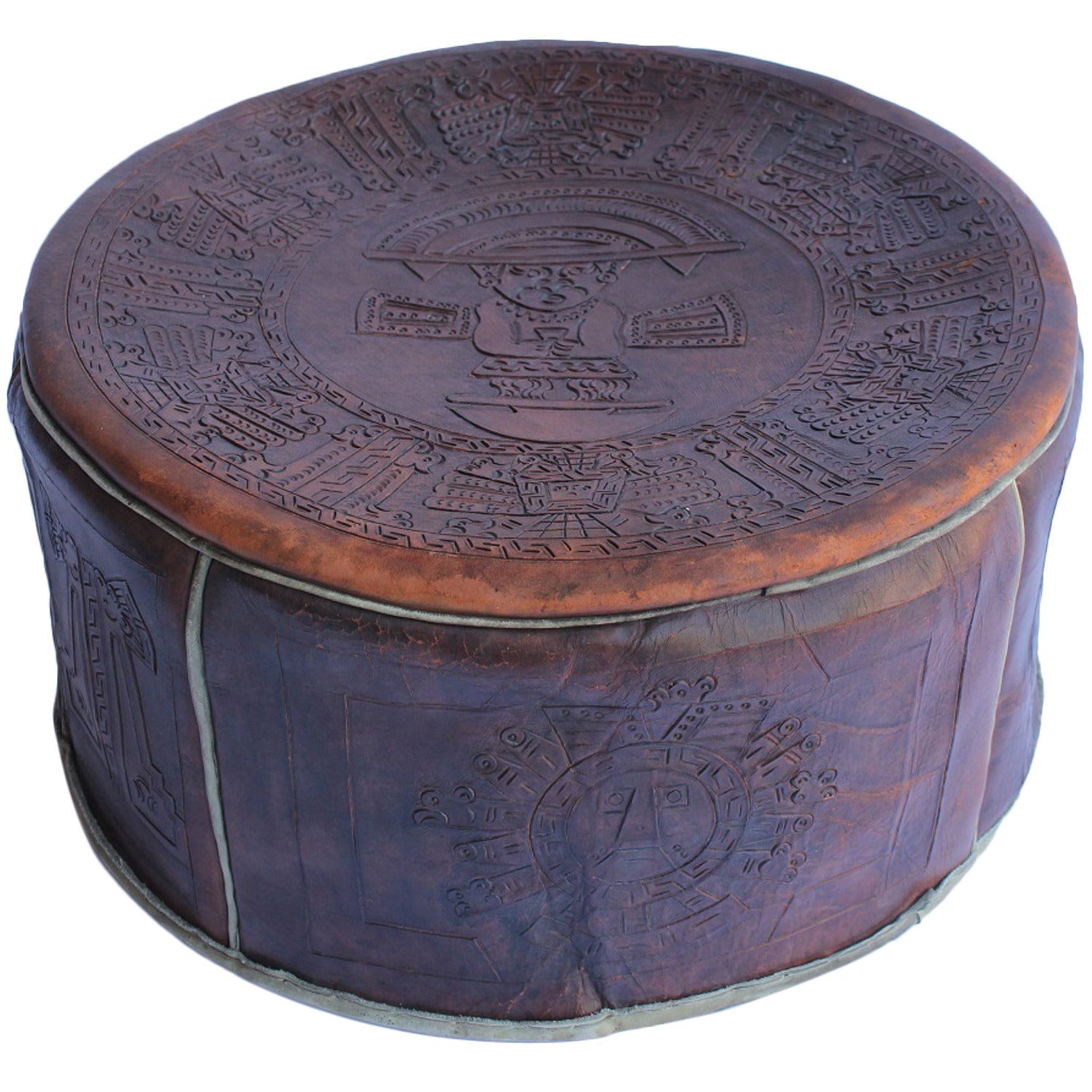 Peruvian Hand Tooled Leather Ottoman For Sale
