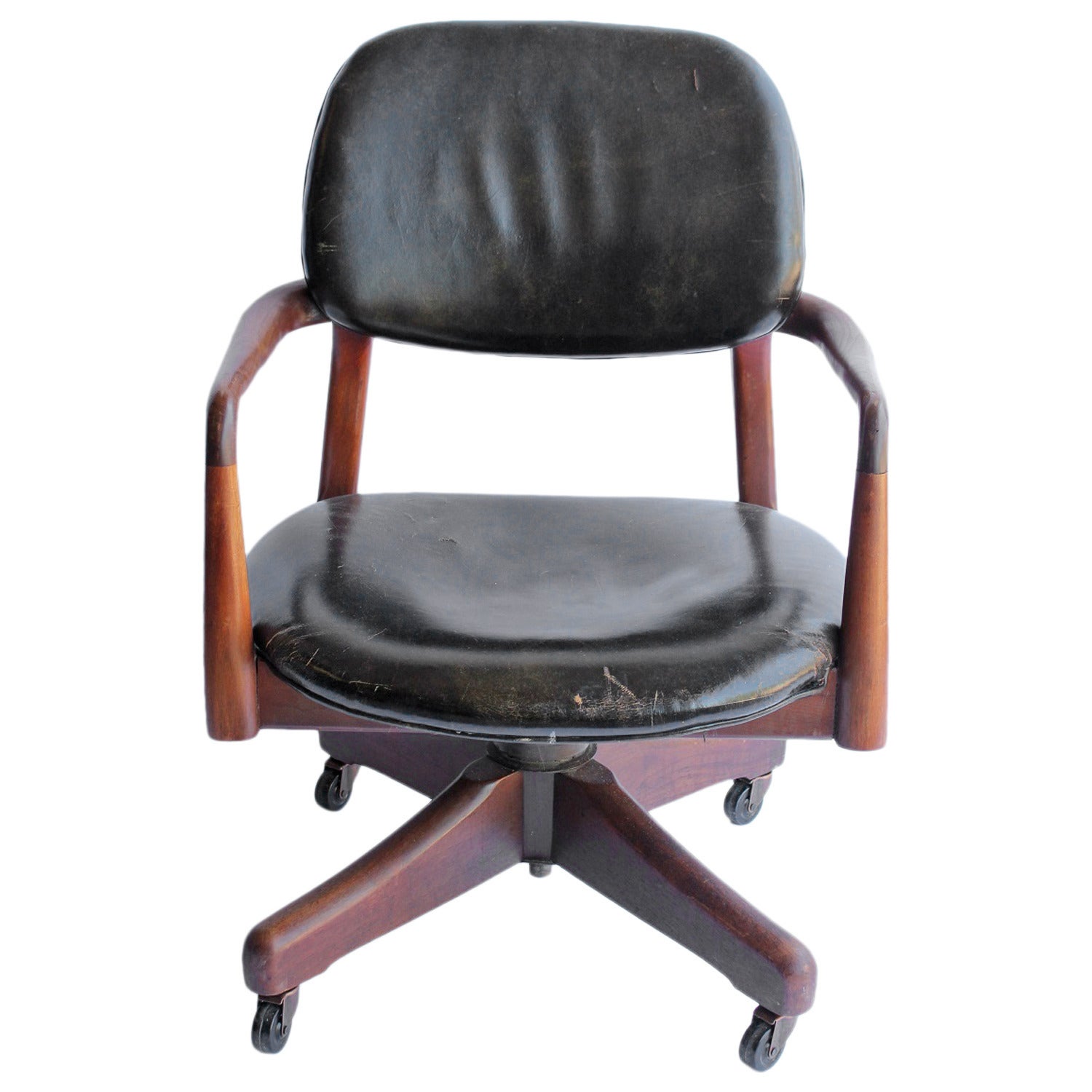 Finn Juhl's Style Mid Century Danish Leather and Walnut Desk Chair For Sale