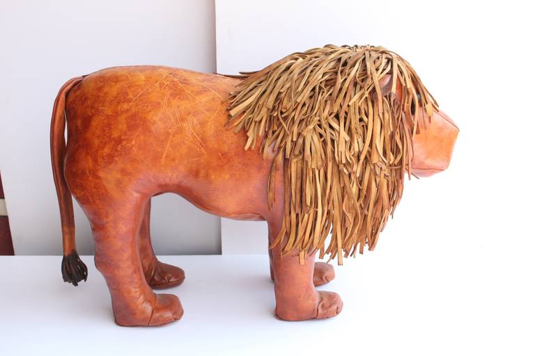 1970s original leather lion footstool by Dimitri Omersa for Abercrombie & Fitch.