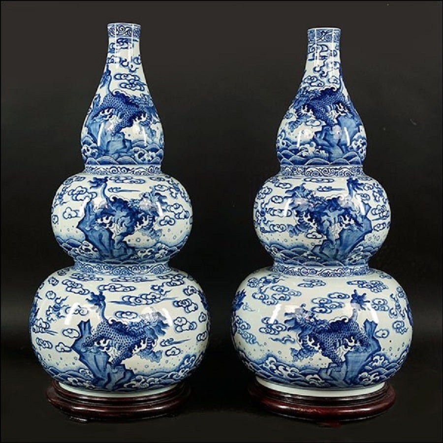 Large Stylish Pair of Chinese Blue & White Porcelain Vases In the form of stacked triple gourds