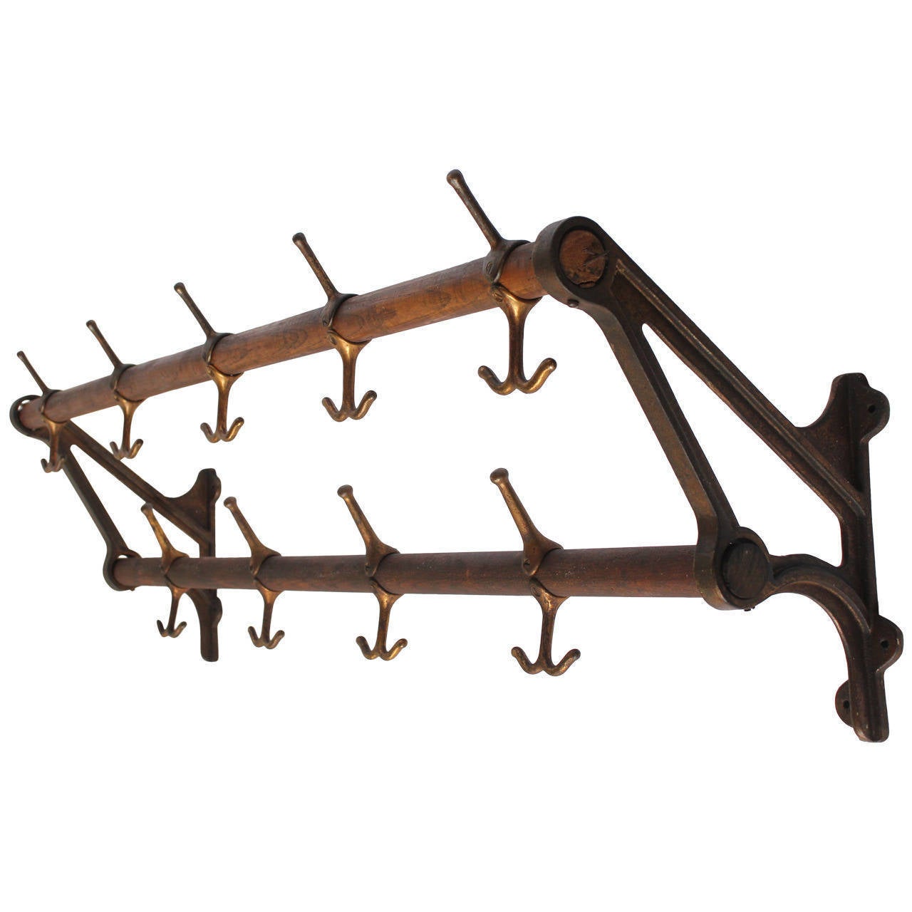 Antique Oak and Brass Wall Coat Rack at 1stdibs