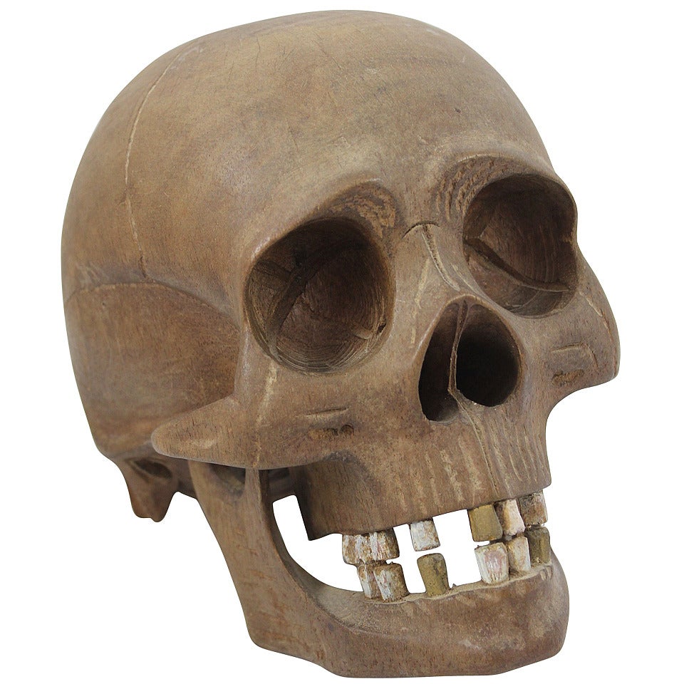 Vintage Hand-Carved Wooden Skull For Sale