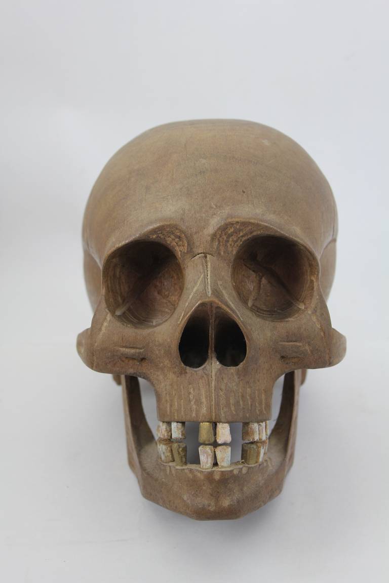 Folk Art Vintage Hand-Carved Wooden Skull For Sale