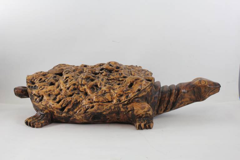 Lifesize handmade burl wood turtle sculpture.