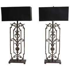 Antique Pair Of Tall Decorative Wrought Iron Table Lamps