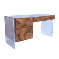 1970s Milo Baughman Style Lucite and Faux-Burl Desk
