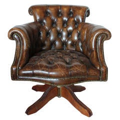 Vintage Tufted Distressed Leather Library Desk Swivel Chair