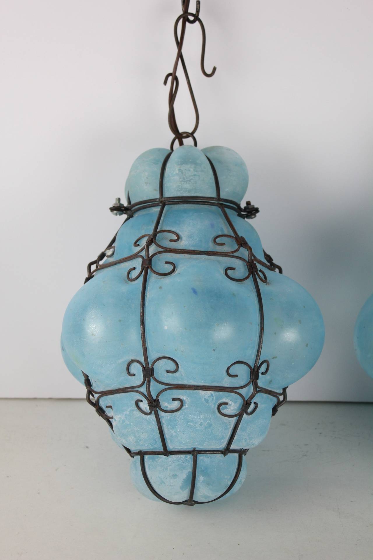 Bohemian Vintage Seguso Murano Blue Glass Cage Pendant Lights