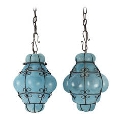 Vintage Seguso Murano Blue Glass Cage Pendant Lights