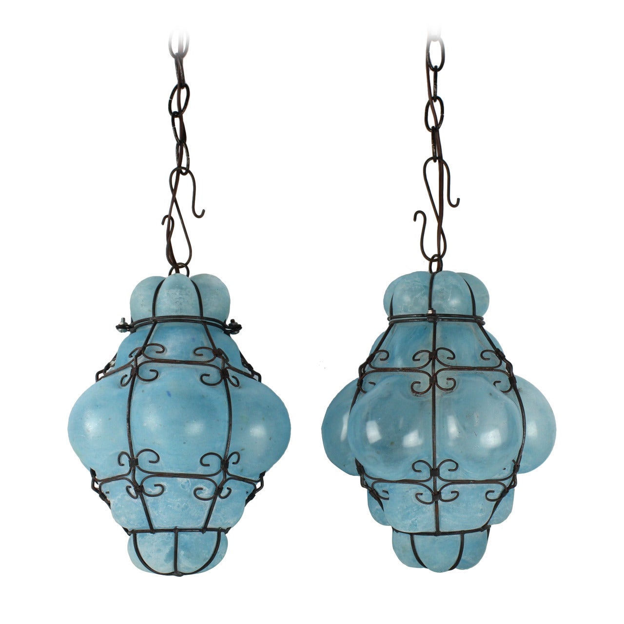 Vintage Seguso Murano Blue Glass Cage Pendant Lights