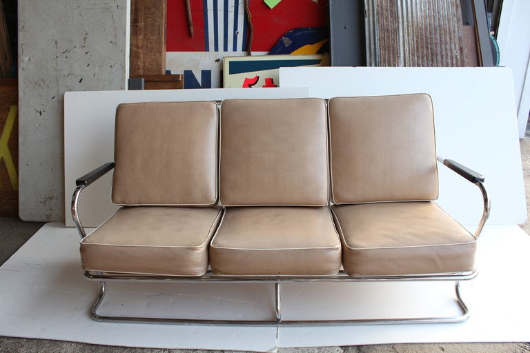 1940's Art Deco American Tubular chrome three-seat sofa in the style of Kem Weber.