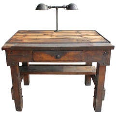 Antique Industrial Oak Desk With Double Lighting, 2 available