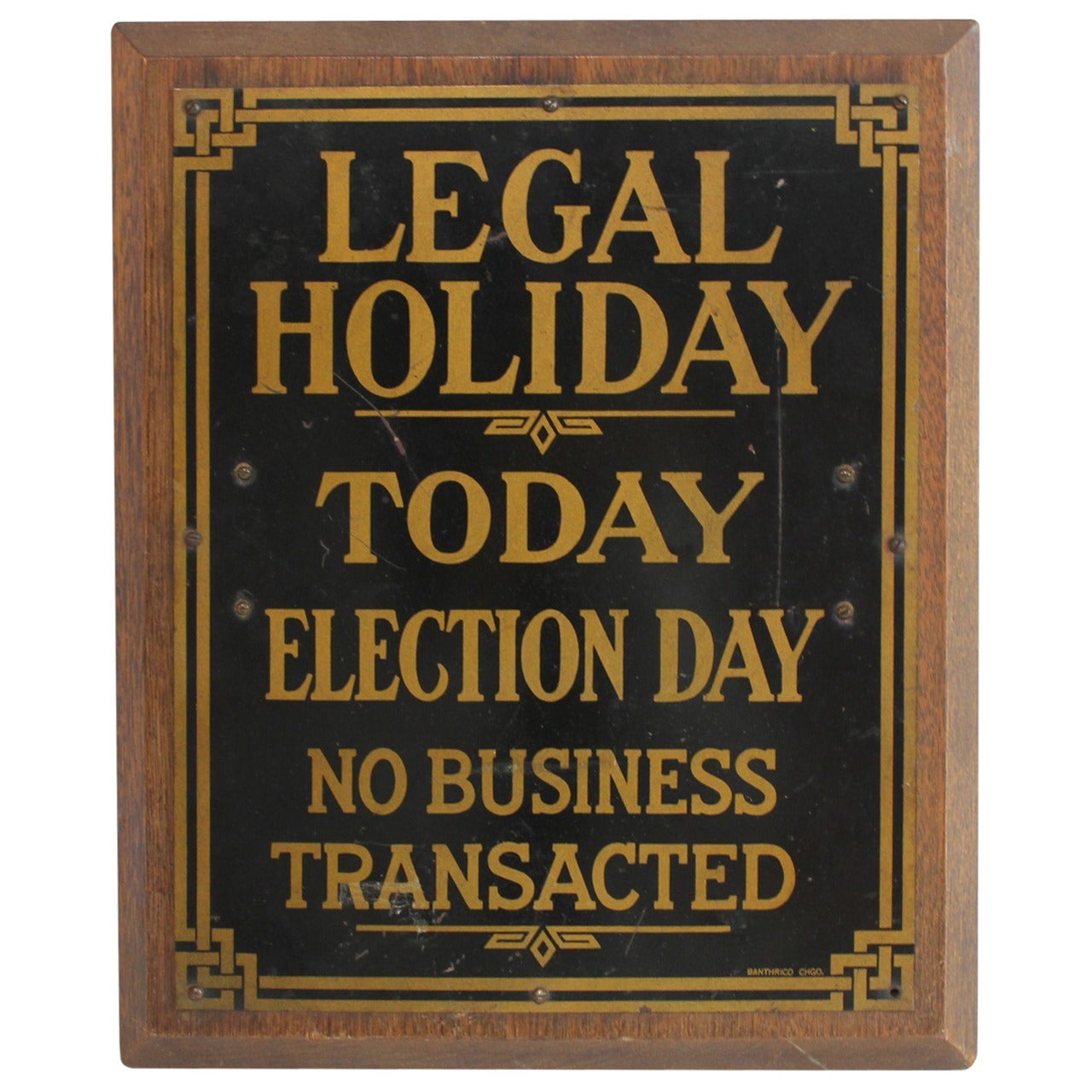 1910s Brass Bank Sign "Legal Holiday" For Sale