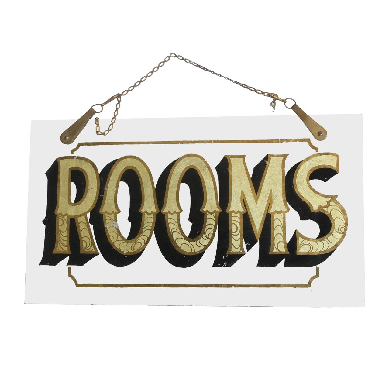 Antique Reverse Painted Glass Sign, "Rooms" For Sale