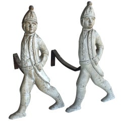 1800's Cast Iron Hand Painted Hessian Soldier Andirons