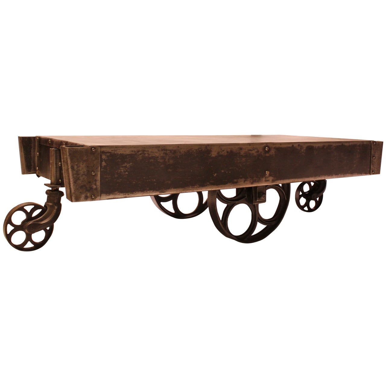 Stylish Antique American Industrial Steel Cart or Coffee Table For Sale