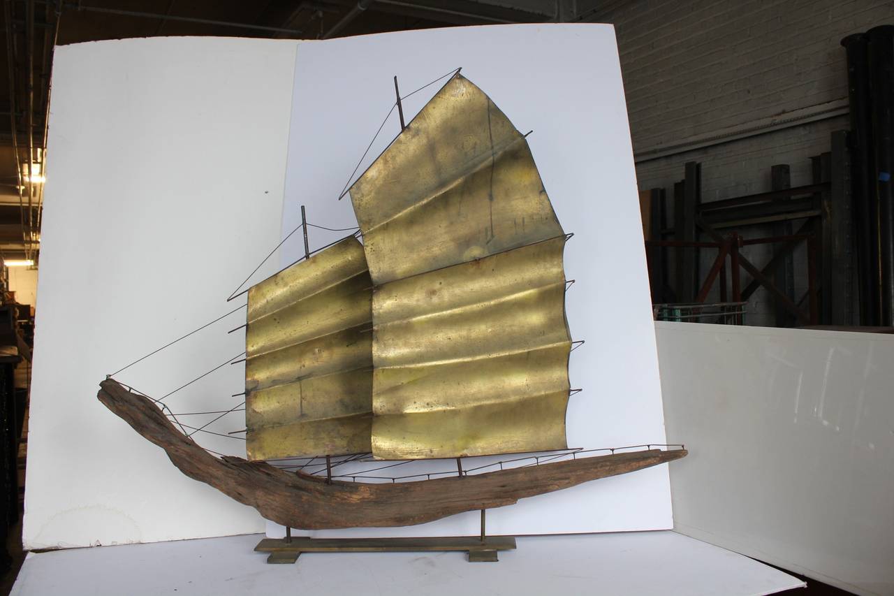 Large Folk Art Driftwood and Brass Boat or Ship