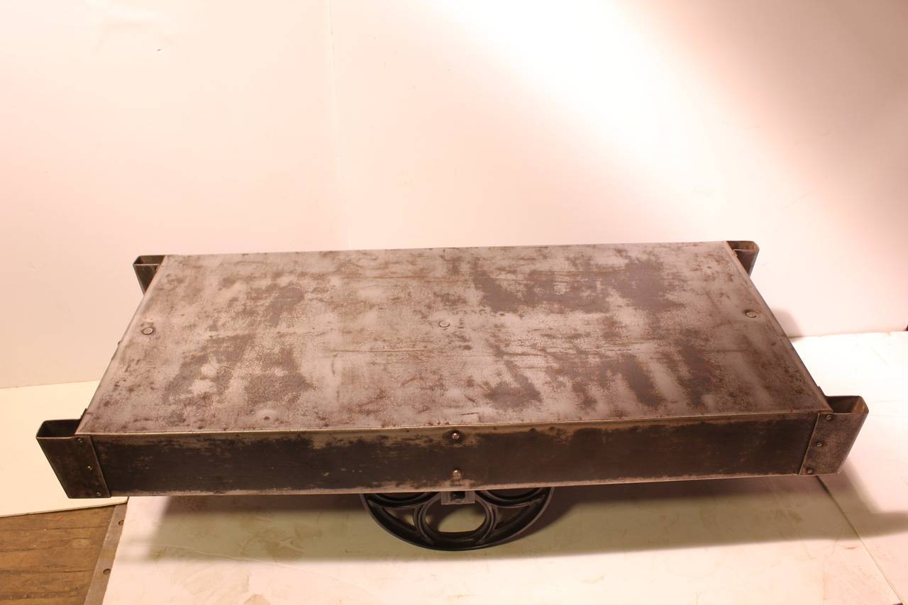 Stylish Antique American Industrial Steel Cart or Coffee Table For Sale 1