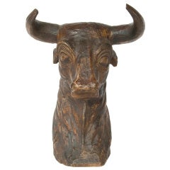 1900's Folk Art Hand Carved Wooden Bull's Head