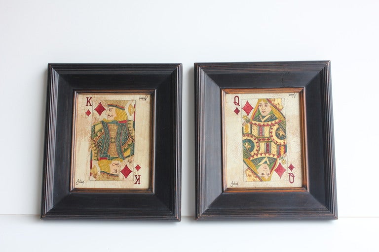 20th century Folk Art Queen & King game cards oil paintings by Julius, hand painted on canvas. Newly framed in wooden frames.