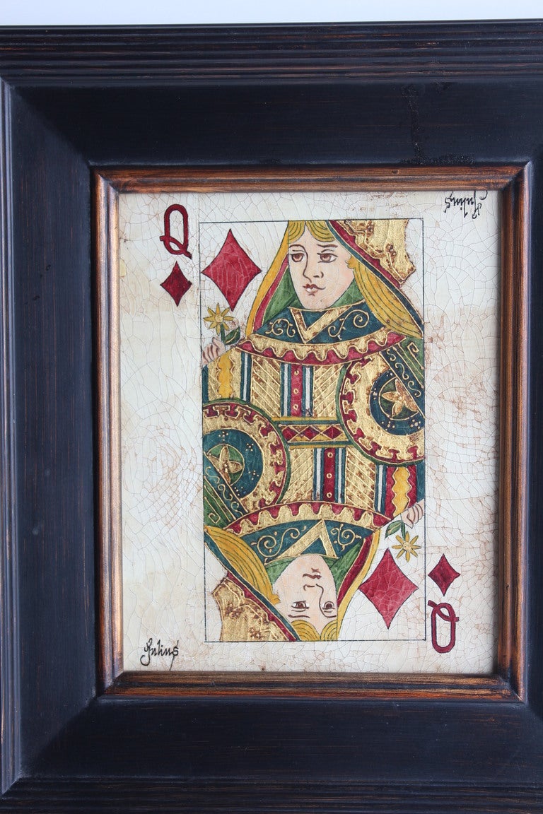 Folk Art Queen & King  Game Cards Oil Paintings by Julius In Good Condition In Chicago, IL