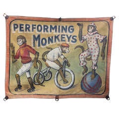 Vintage Mid Century Circus Banner " Performing Monkeys"