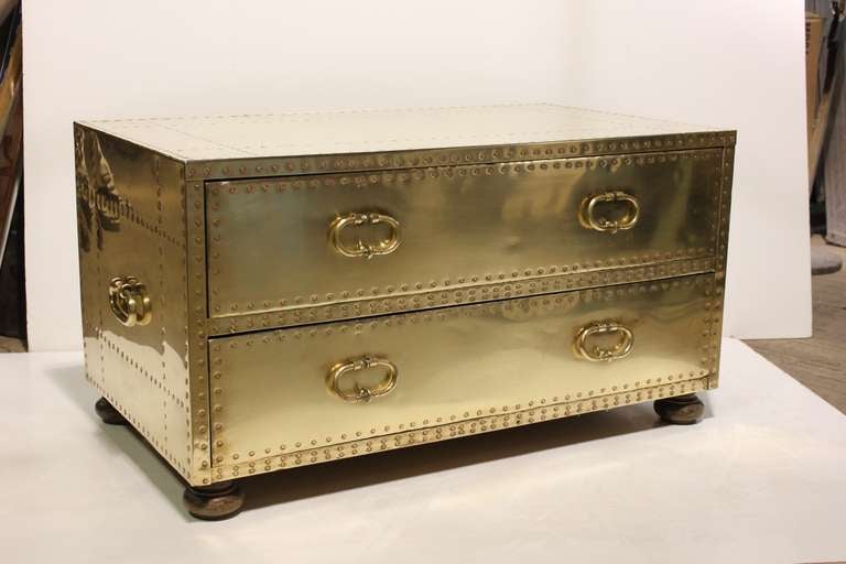 Elegant polished brass two drawer chest by Sarreid.