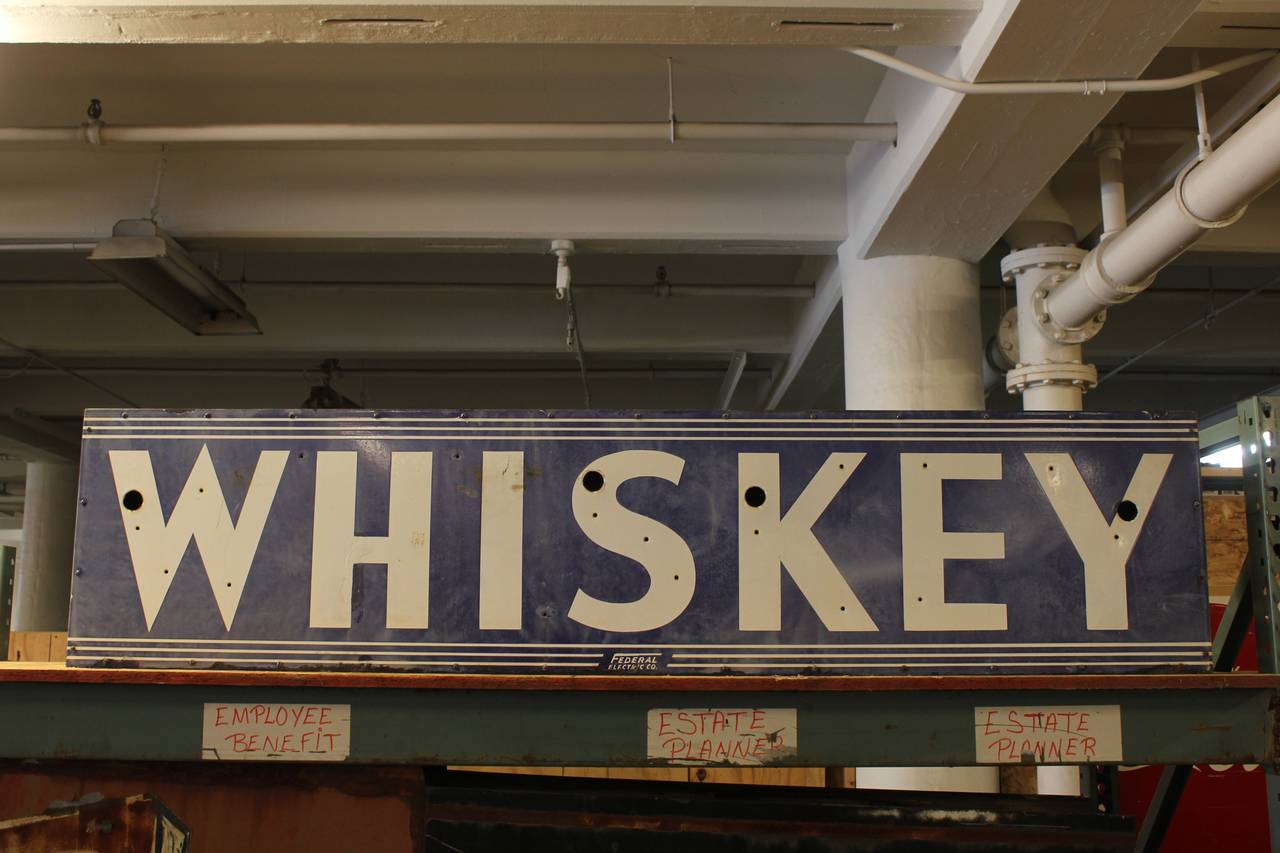 Over 6ft long 1930s enamel whiskey sign.