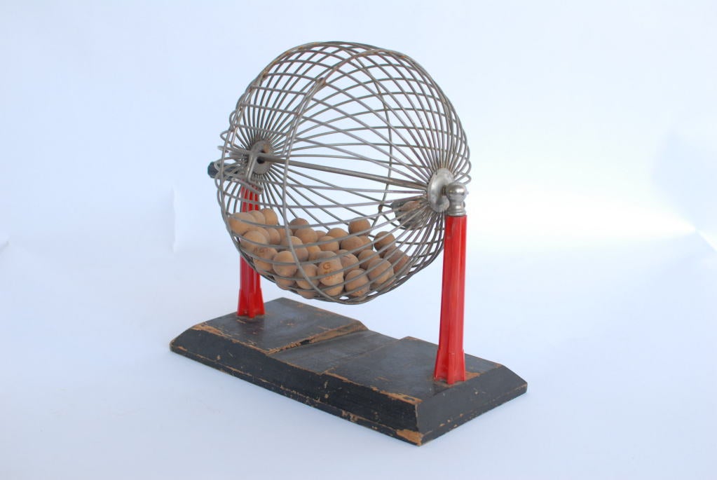 1940's bingo cage with wooden base and bakelite handle