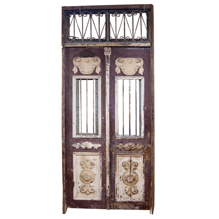 Early 1800's French ornate wooden double door For Sale